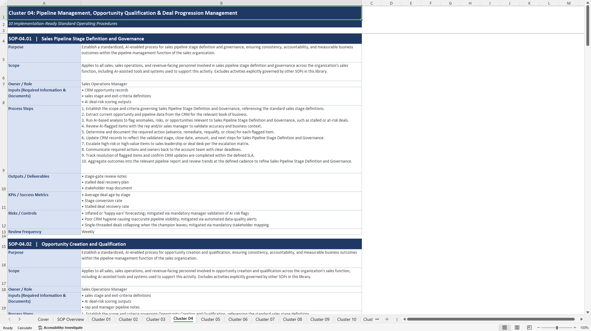 100+ AI-Driven Sales Excellence SOPs (Excel template (XLSX)) Preview Image