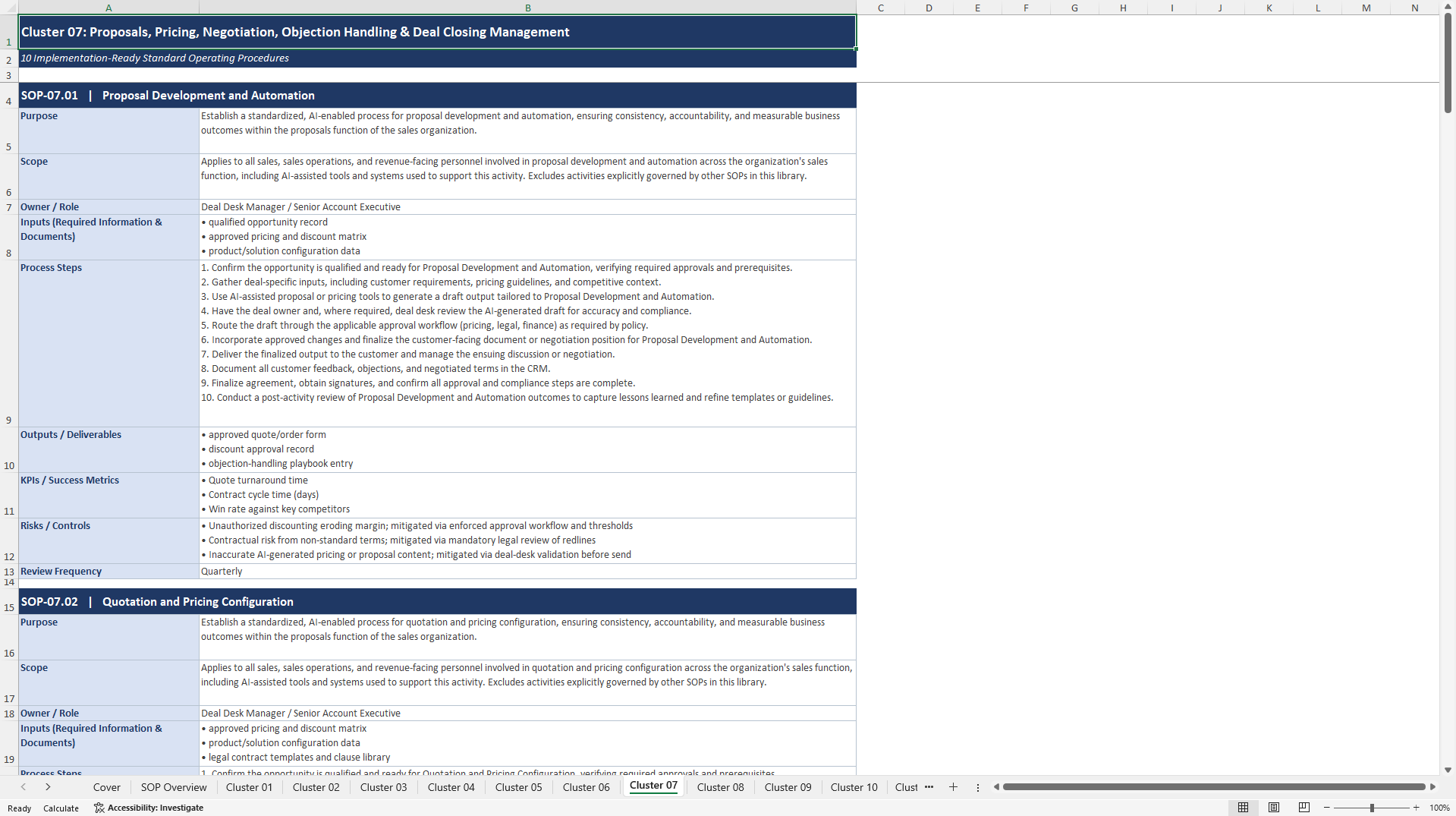 100+ AI-Driven Sales Excellence SOPs (Excel template (XLSX)) Preview Image