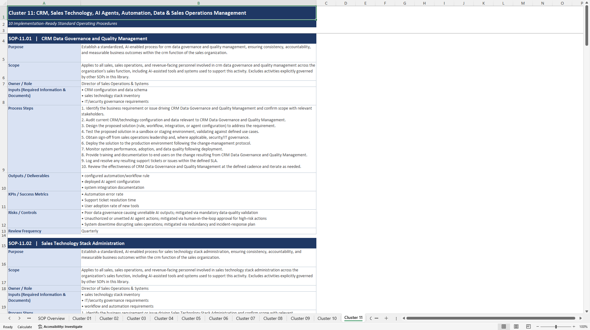100+ AI-Driven Sales Excellence SOPs (Excel template (XLSX)) Preview Image