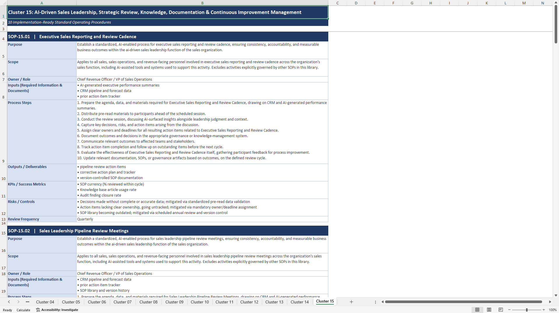 100+ AI-Driven Sales Excellence SOPs (Excel template (XLSX)) Preview Image