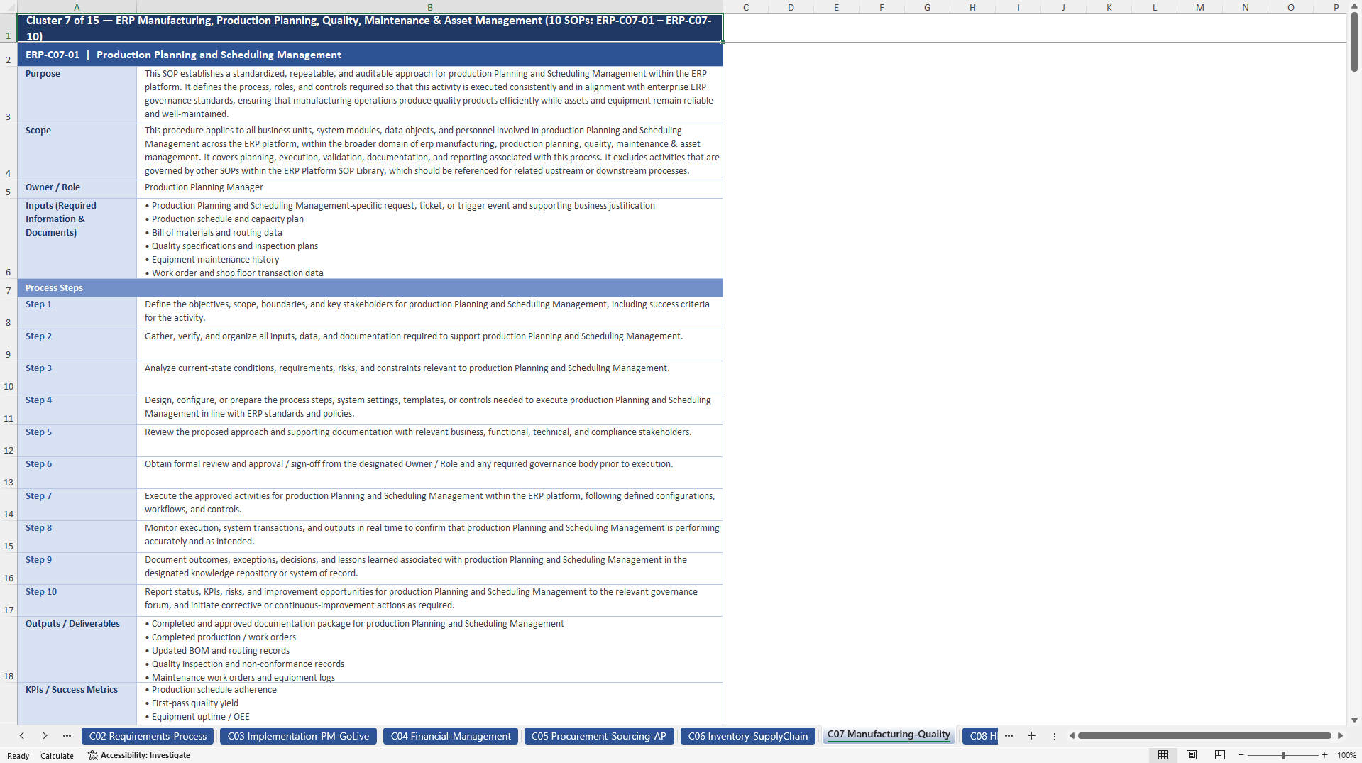100+ Enterprise Resource Planning (ERP) Platform SOPs (Excel template (XLSX)) Preview Image