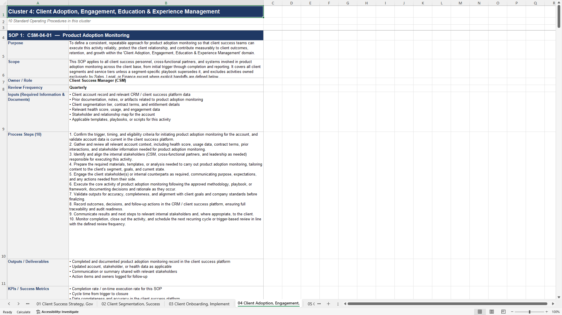 100+ Client Success Management SOPs (Excel template (XLSX)) Preview Image