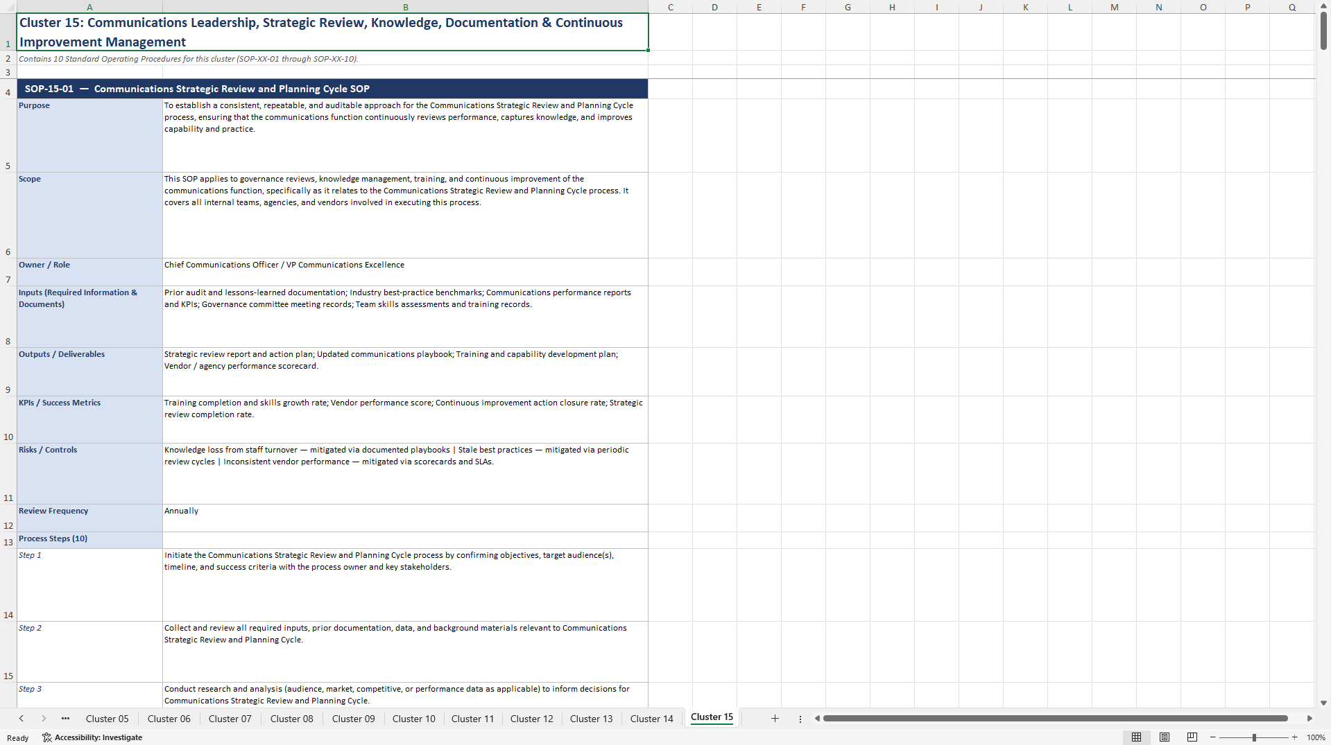 100+ Communications Strategy SOPs (Excel template (XLSX)) Preview Image
