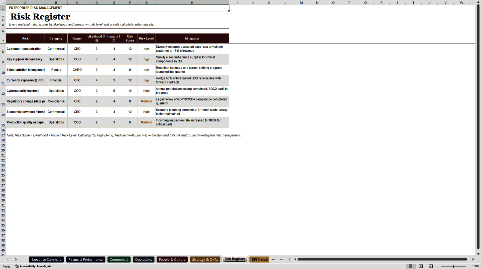 C-Suite Executive & Boardroom Performance Dashboard (Excel template (XLSX)) Preview Image