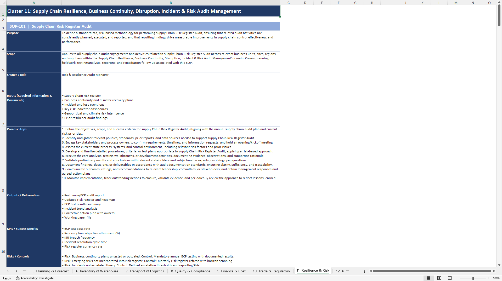 100+ Supply Chain Audit SOPs (Excel template (XLSX)) Preview Image
