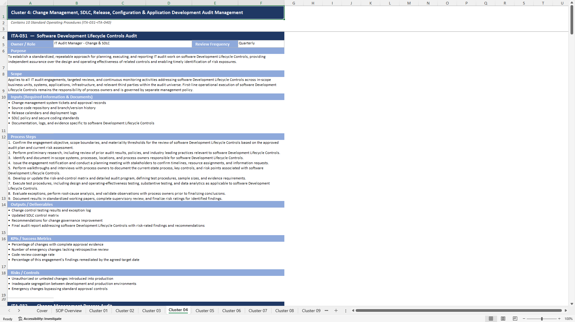 100+ IT Audit SOPs (Excel template (XLSX)) Preview Image