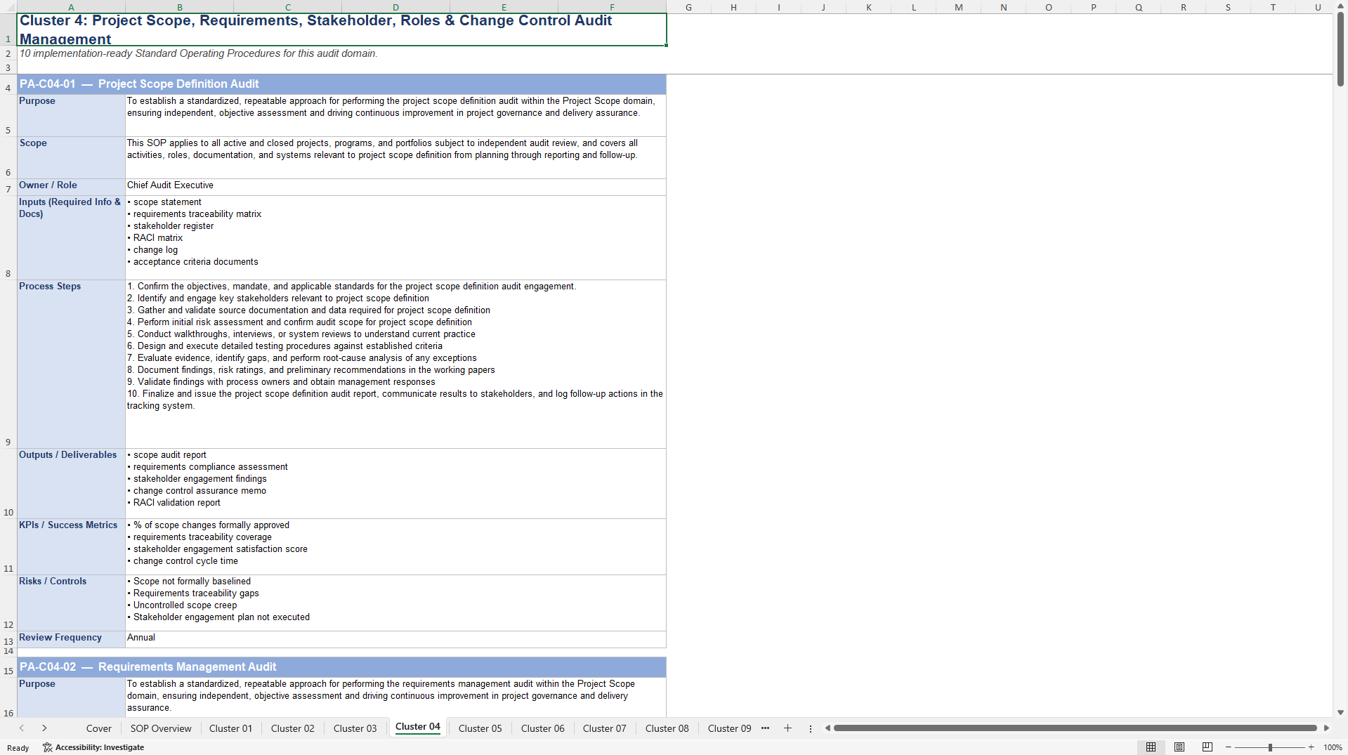 100+ Project Audit SOPs (Excel template (XLSX)) Preview Image