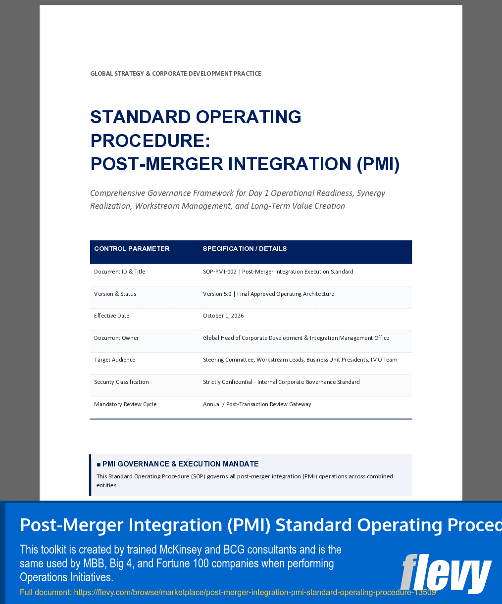 Post-Merger Integration (PMI) Standard Operating Procedure (14-page Word document) Preview Image