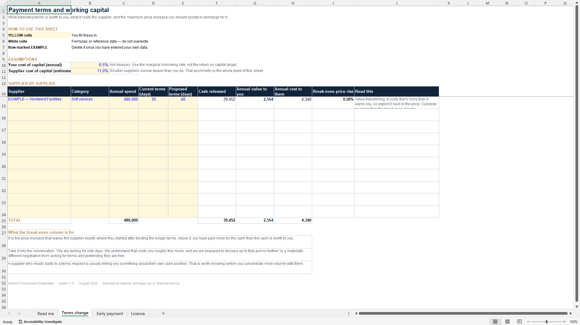 Payment Terms & Working Capital Calculator (Excel template (XLSX)) Preview Image