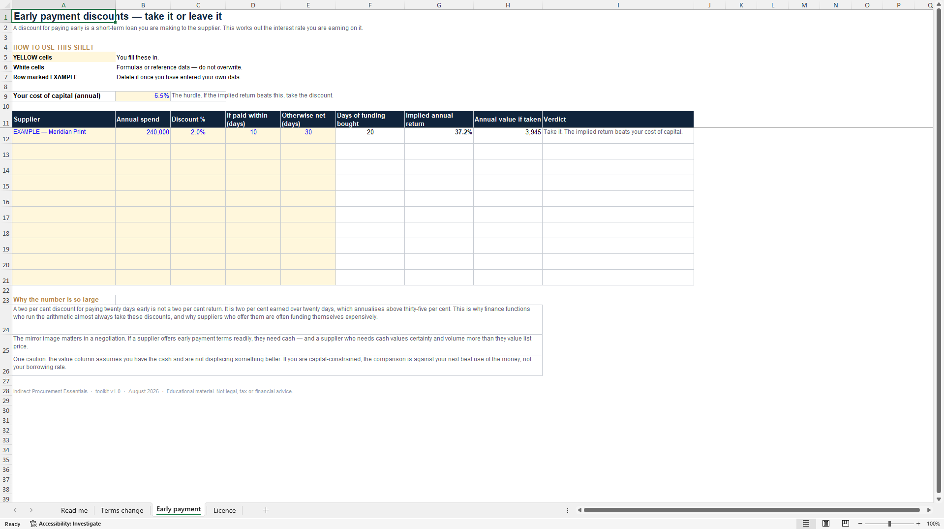Payment Terms & Working Capital Calculator (Excel template (XLSX)) Preview Image
