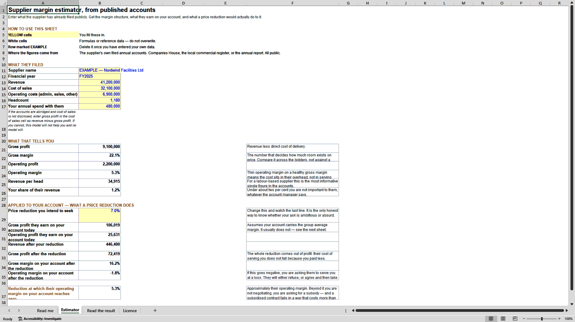 Supplier Margin Estimator from Published Accounts (Excel template (XLSX)) Preview Image