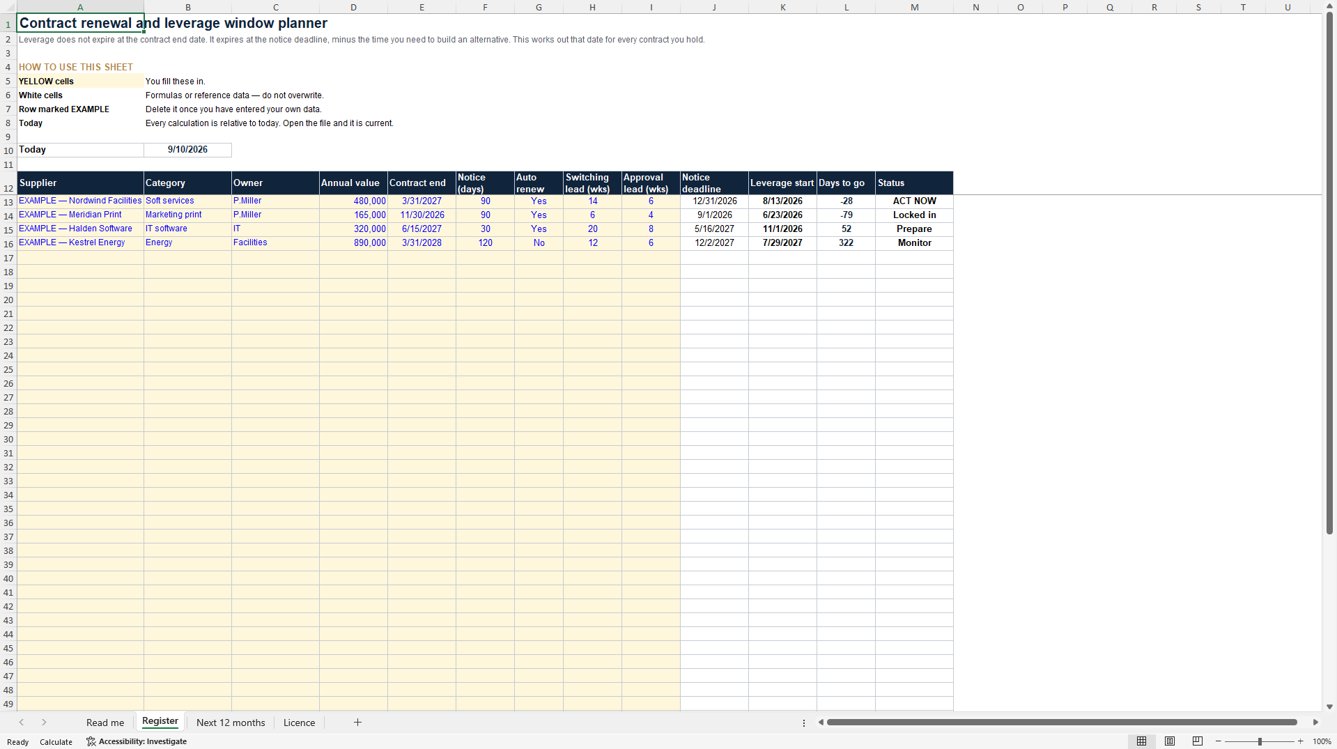 Contract Renewal & Leverage Window Planner (Excel template (XLSX)) Preview Image