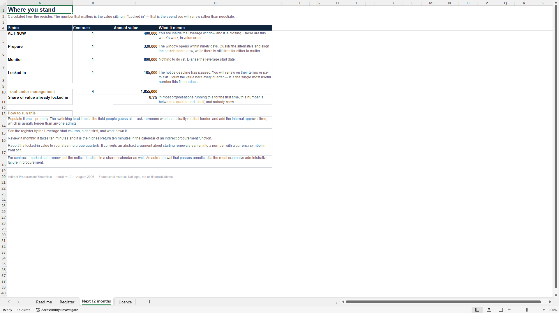 Contract Renewal & Leverage Window Planner (Excel template (XLSX)) Preview Image