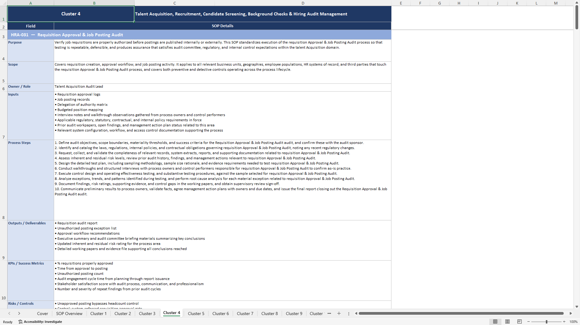 100+ Human Resources Audit SOPs (Excel template (XLSX)) Preview Image