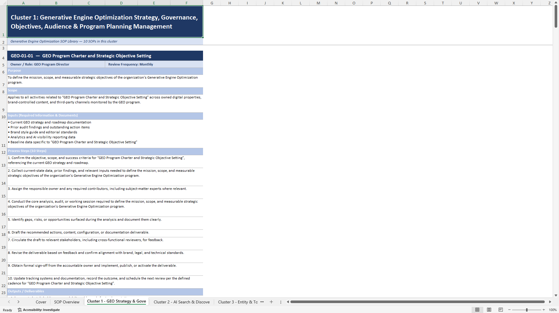 100+ Generative Engine Optimization (GEO) SOPs (Excel template (XLSX)) Preview Image