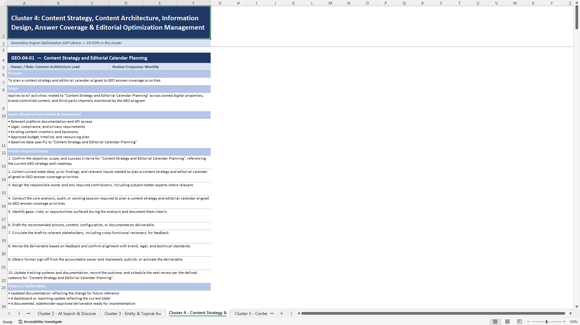 100+ Generative Engine Optimization (GEO) SOPs (Excel template (XLSX)) Preview Image