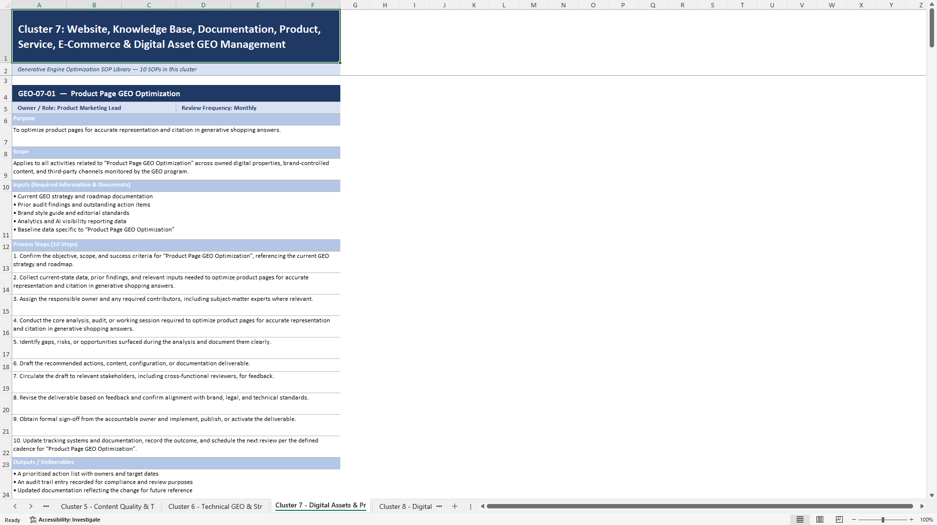 100+ Generative Engine Optimization (GEO) SOPs (Excel template (XLSX)) Preview Image