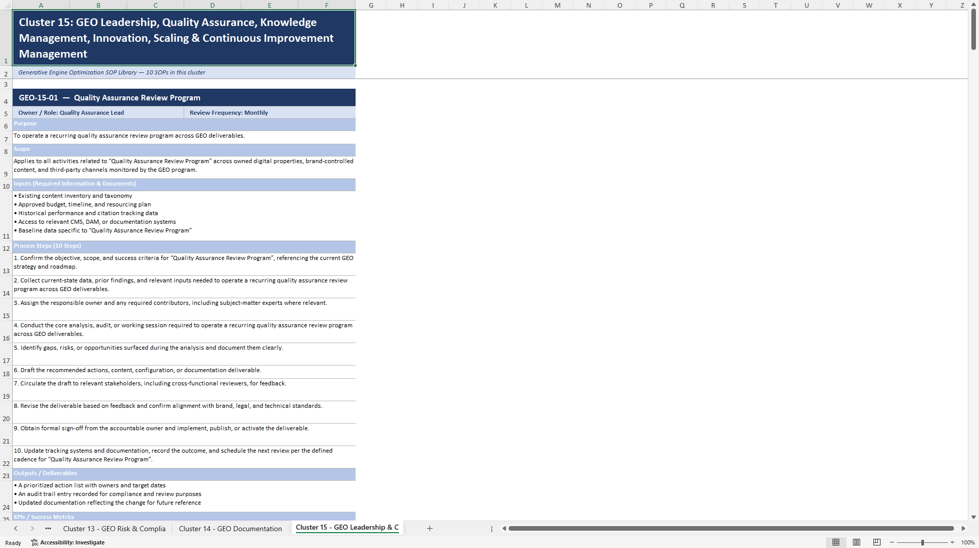 100+ Generative Engine Optimization (GEO) SOPs (Excel template (XLSX)) Preview Image