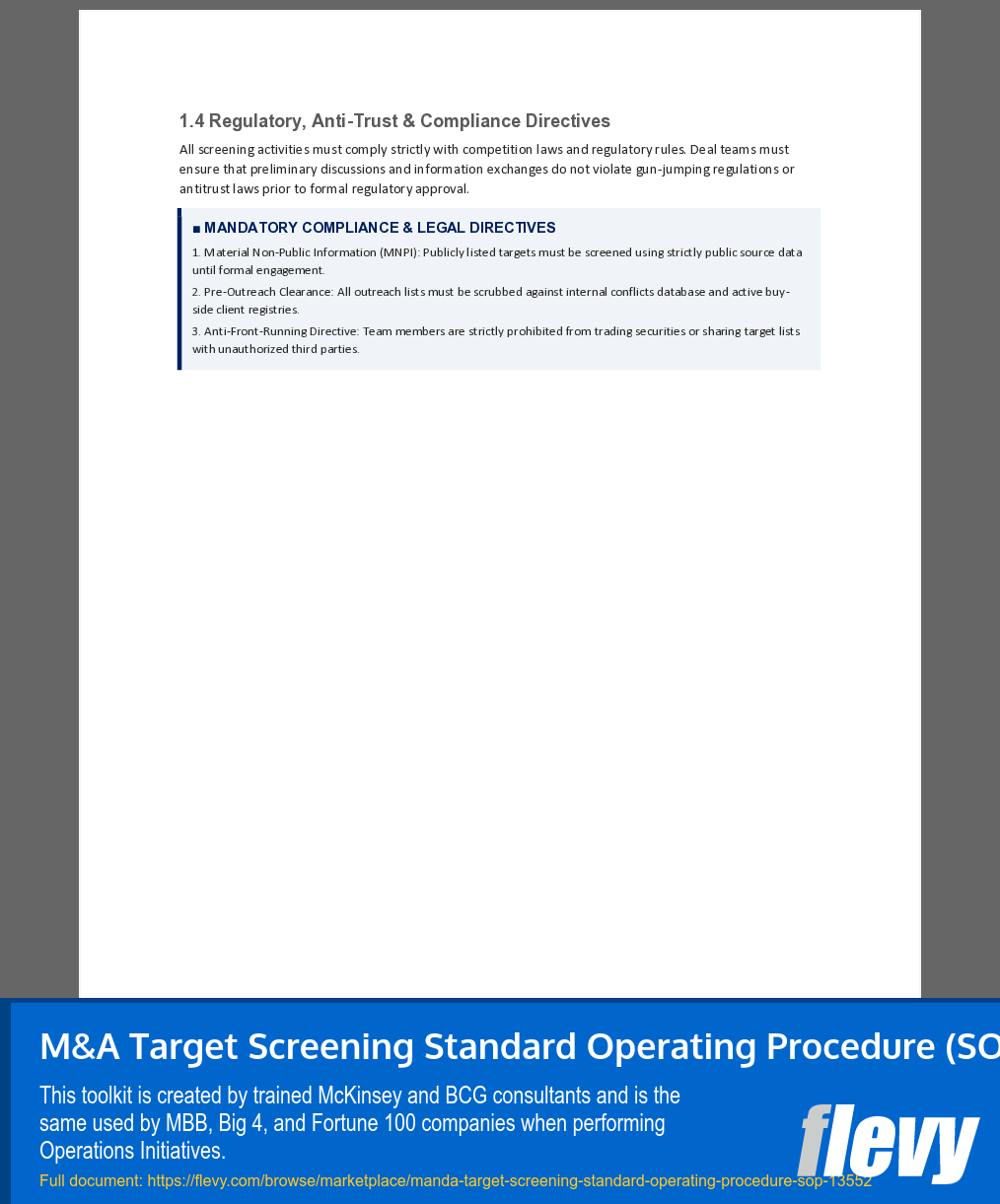 M&A Target Screening Standard Operating Procedure (SOP) (16-page Word document) Preview Image