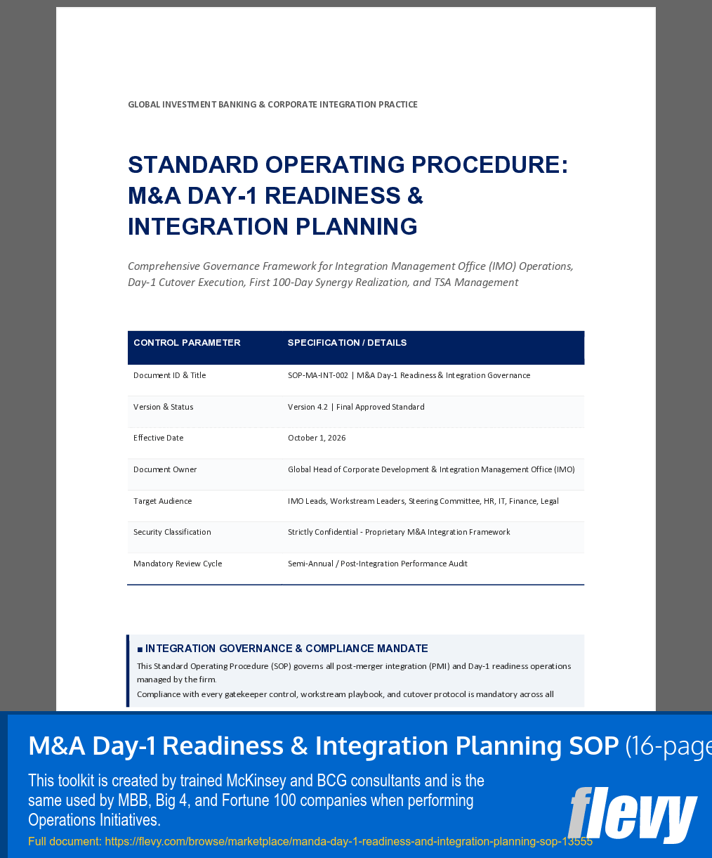 M&A Day-1 Readiness & Integration Planning SOP (16-page Word document) Preview Image