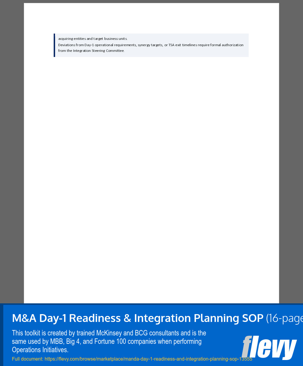M&A Day-1 Readiness & Integration Planning SOP (16-page Word document) Preview Image