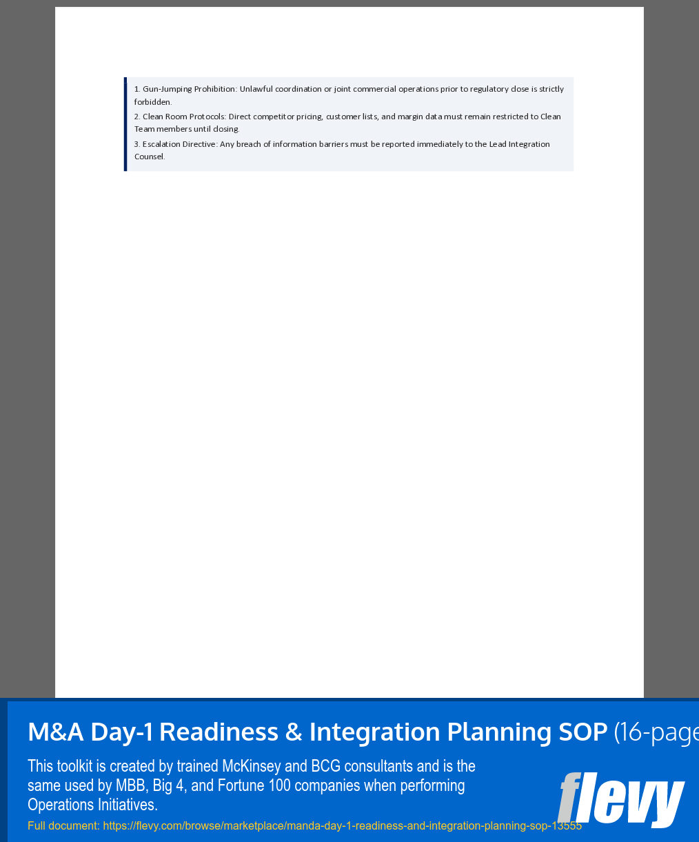 M&A Day-1 Readiness & Integration Planning SOP (16-page Word document) Preview Image
