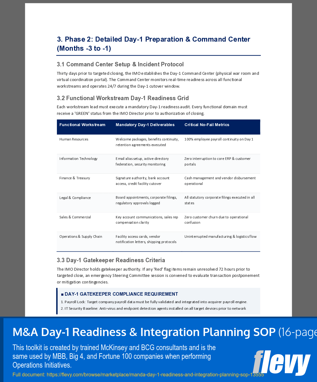 M&A Day-1 Readiness & Integration Planning SOP (16-page Word document) Preview Image