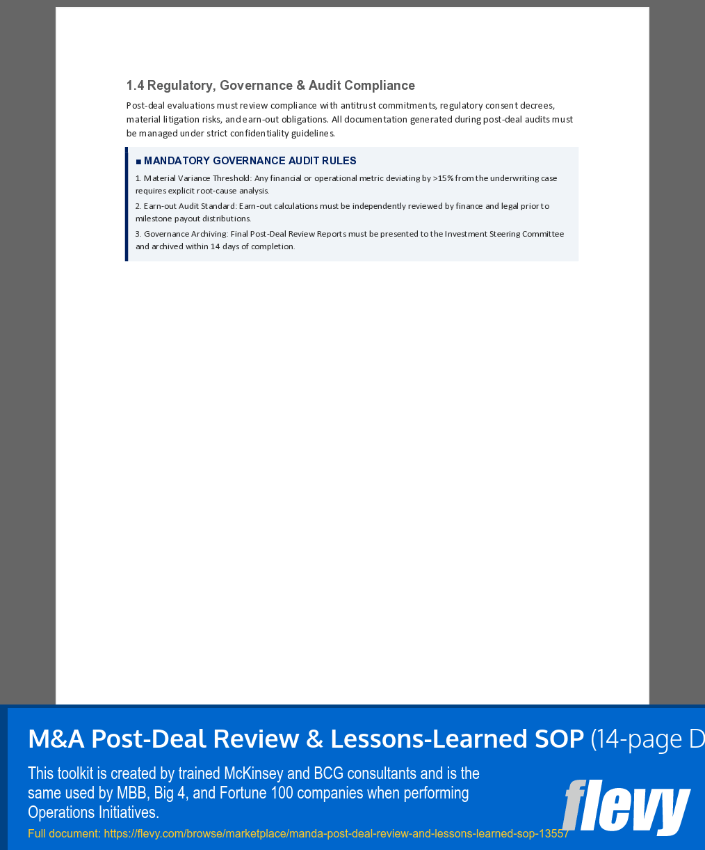 M&A Post-Deal Review & Lessons-Learned SOP (14-page Word document) Preview Image
