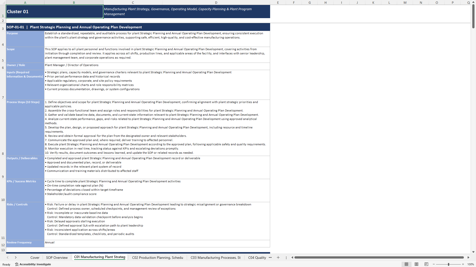 100+ Manufacturing Plant Management SOPs (Excel template (XLSX)) Preview Image