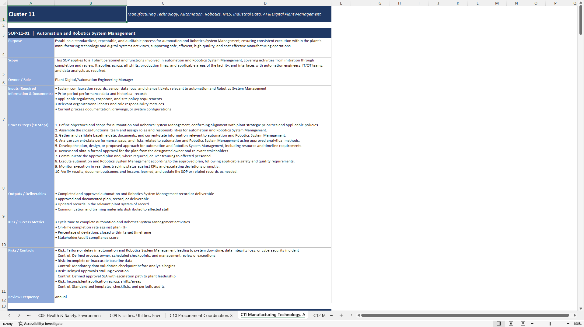 100+ Manufacturing Plant Management SOPs (Excel template (XLSX)) Preview Image