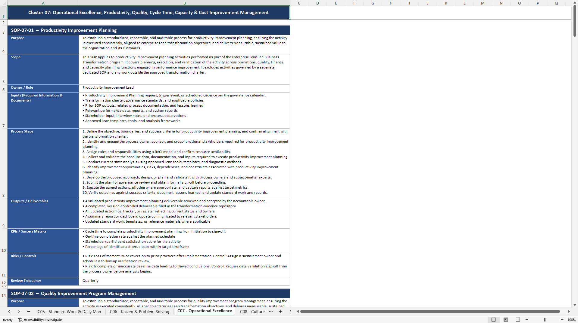 100+ Lean-Led Business Transformation SOPs (Excel template (XLSX)) Preview Image