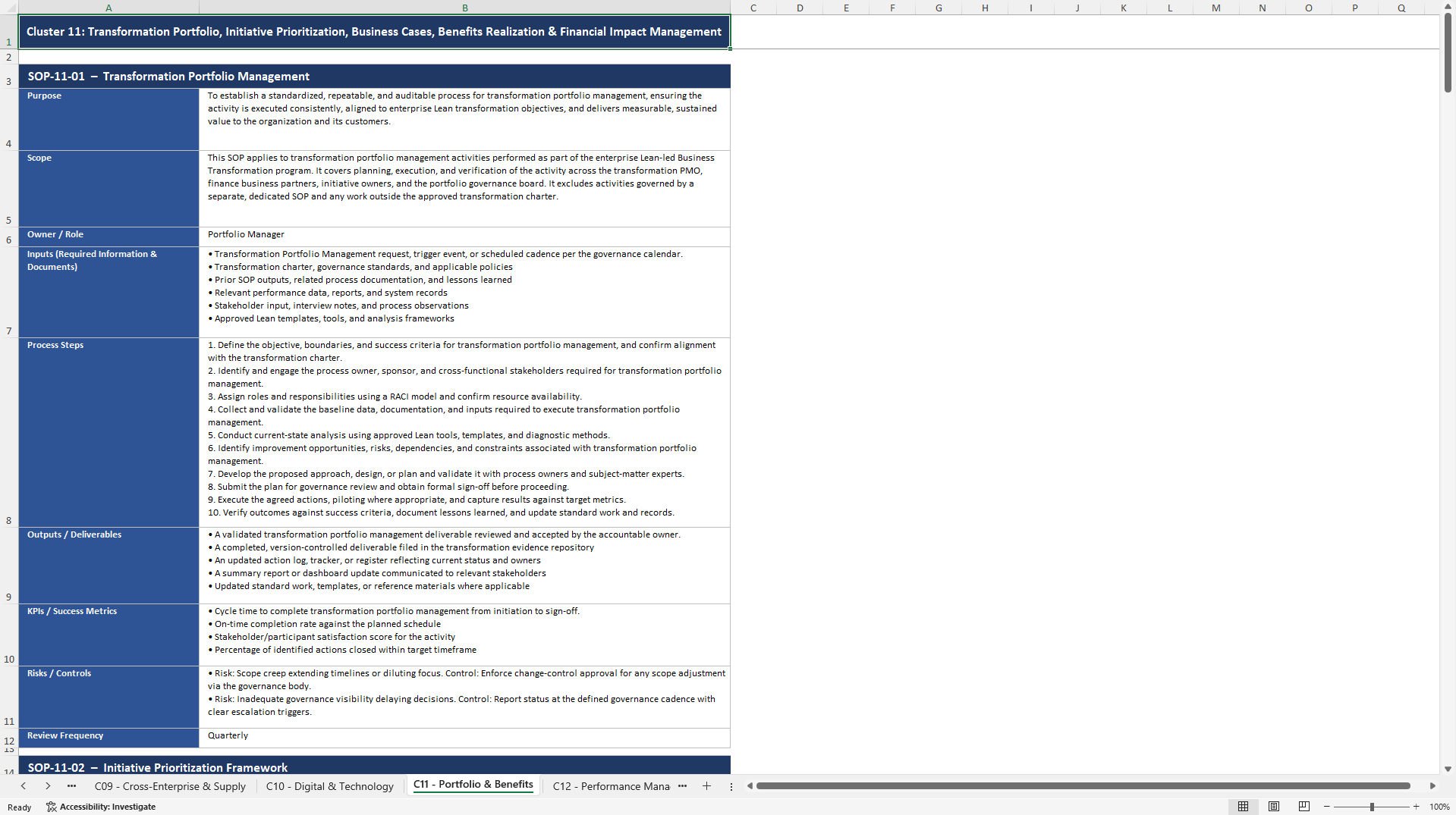 100+ Lean-Led Business Transformation SOPs (Excel template (XLSX)) Preview Image
