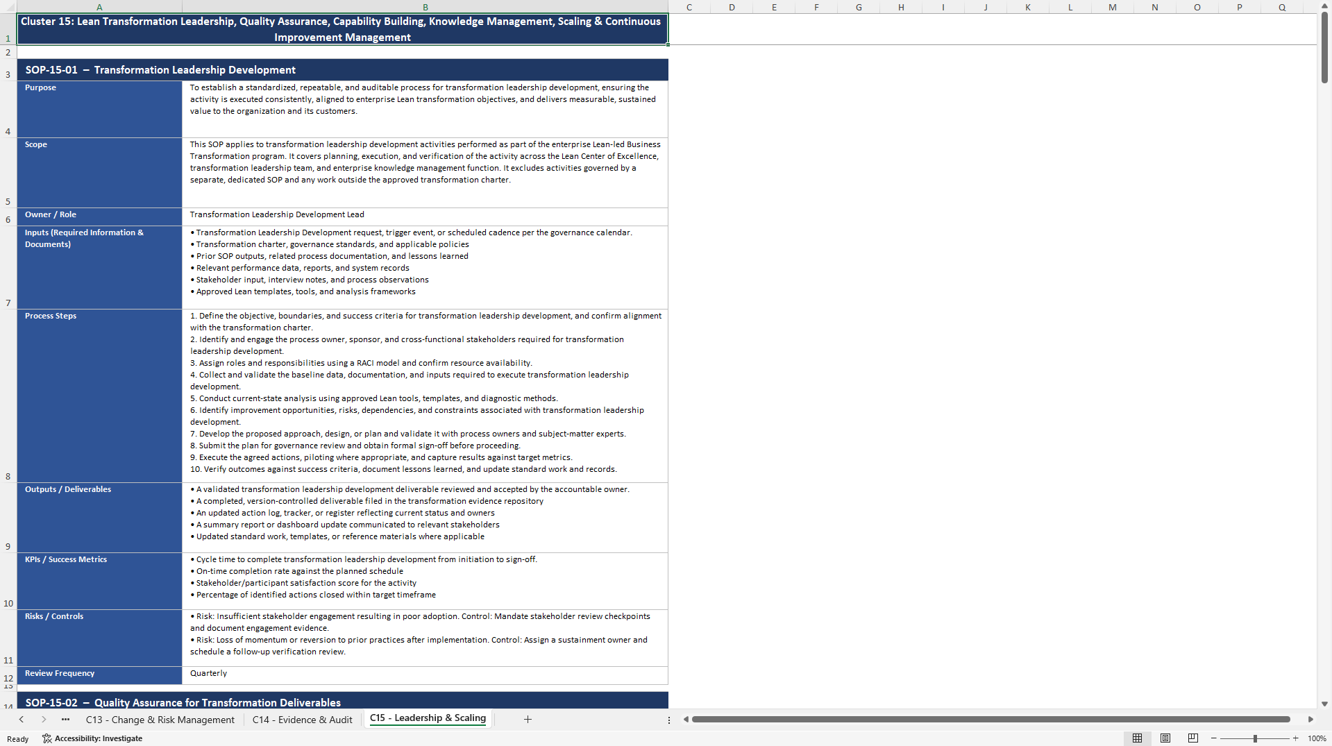100+ Lean-Led Business Transformation SOPs (Excel template (XLSX)) Preview Image