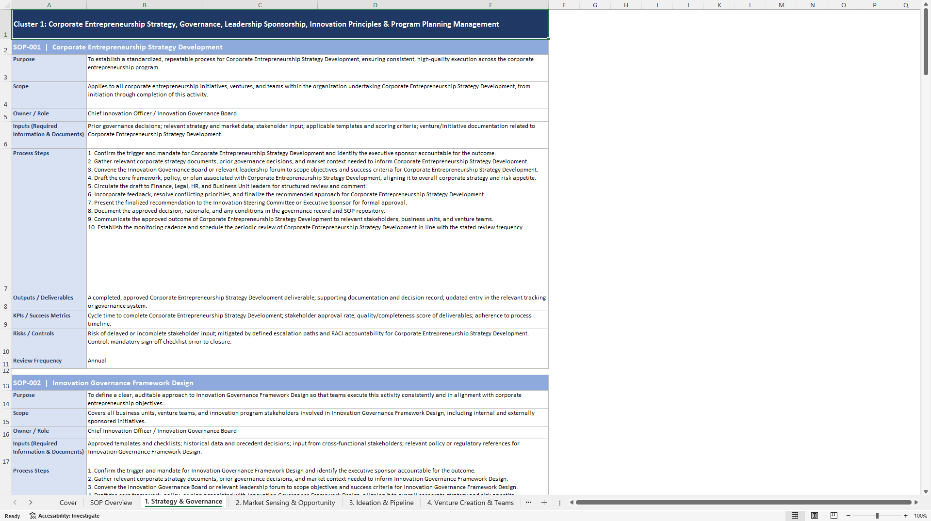 100+ Corporate Entrepreneurship SOPs (Excel template (XLSX)) Preview Image