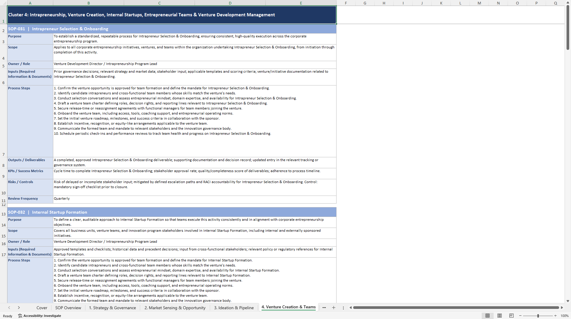 100+ Corporate Entrepreneurship SOPs (Excel template (XLSX)) Preview Image