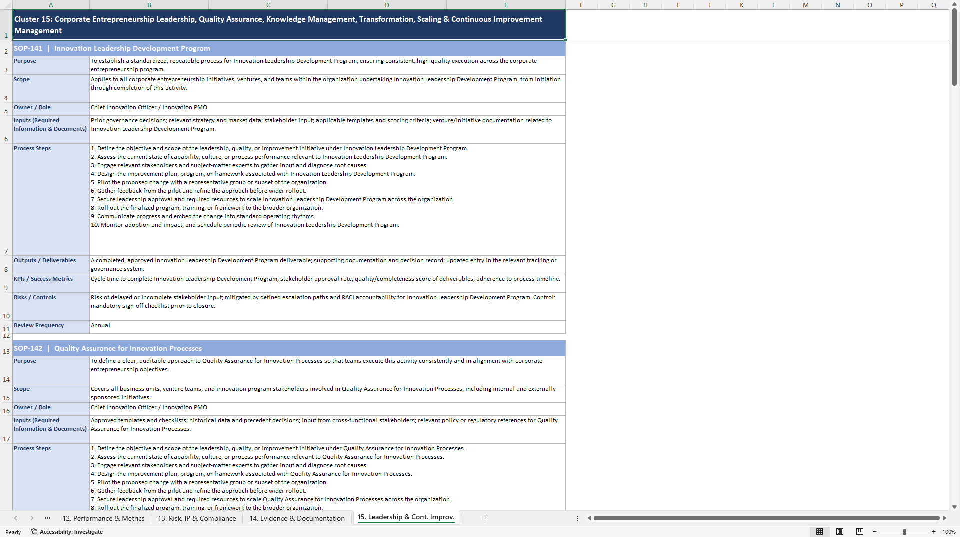 100+ Corporate Entrepreneurship SOPs (Excel template (XLSX)) Preview Image