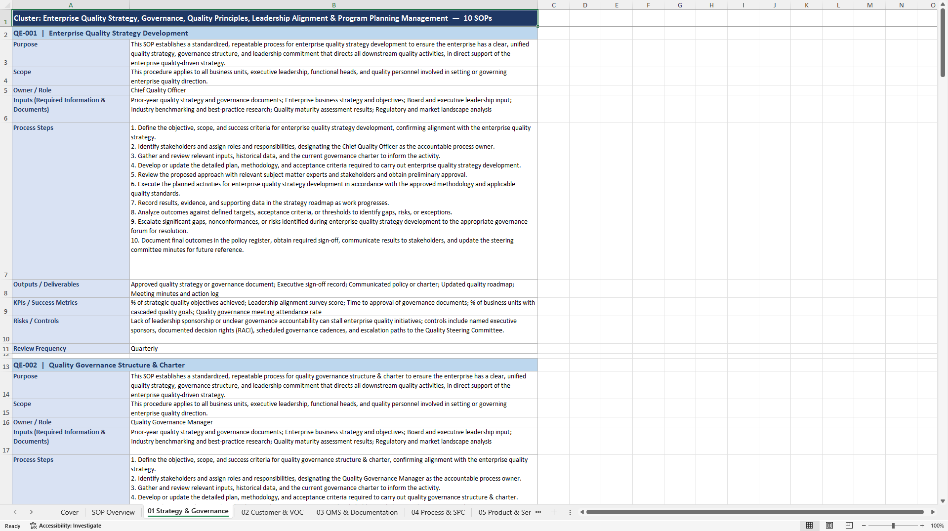 100+ Quality-Driven Enterprise SOPs (Excel template (XLSX)) Preview Image
