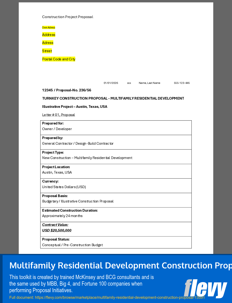 Multifamily Residential Development Construction Proposal (61-page Word document) Preview Image