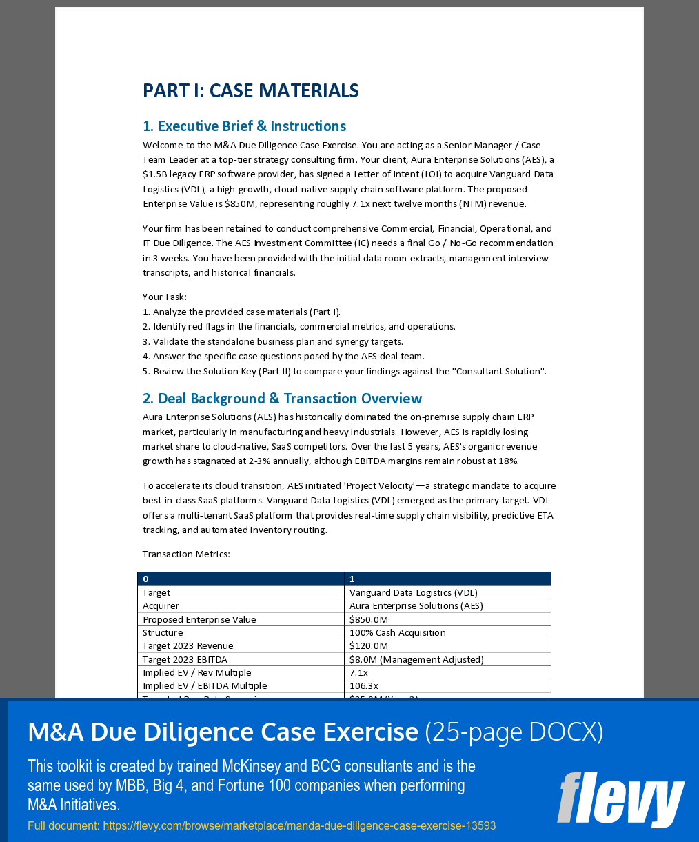 M&A Due Diligence Case Exercise (25-page Word document) Preview Image