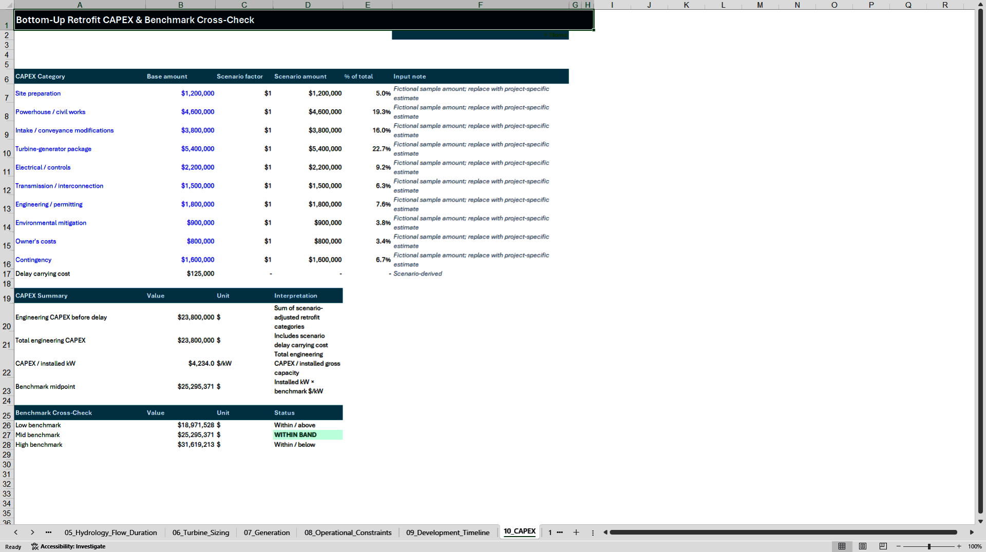 Non-Powered Dam Hydropower Conversion Financial Model (Excel template (XLSX)) Preview Image