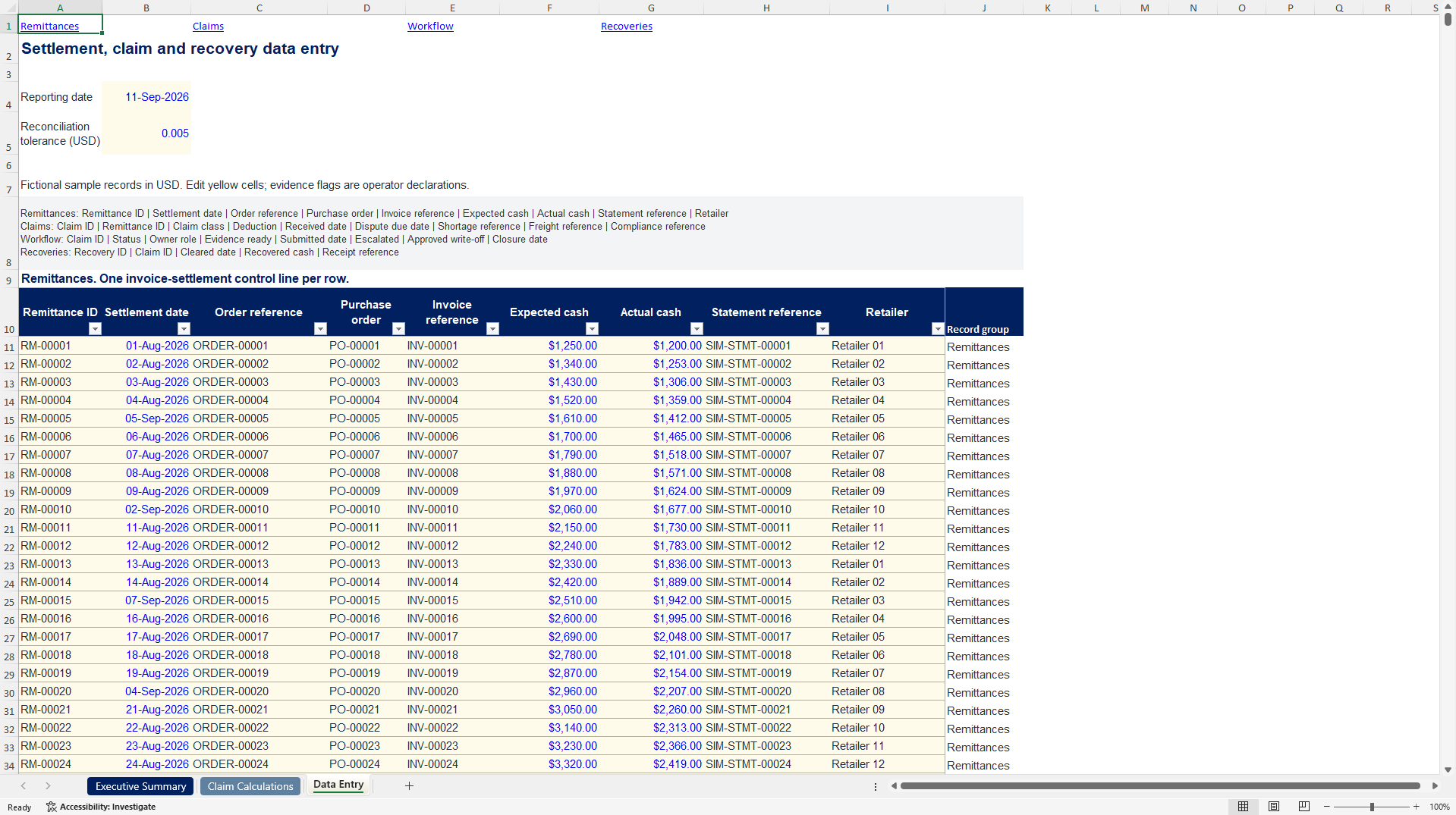 Retailer Deduction & Chargeback Recovery Control Tower (Excel template (XLSX)) Preview Image