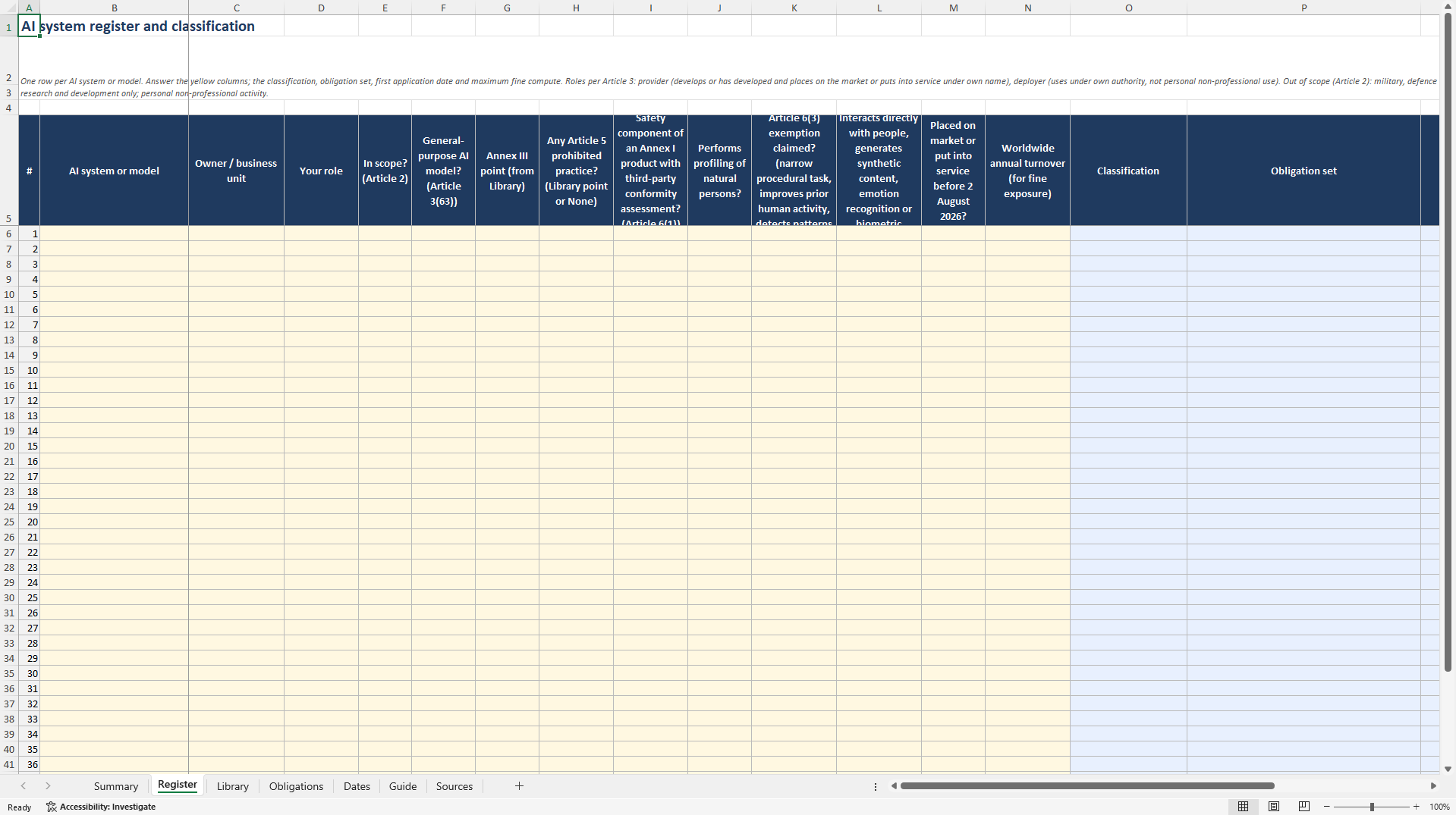 EU AI Act Obligations Workbook (Excel template (XLSX)) Preview Image