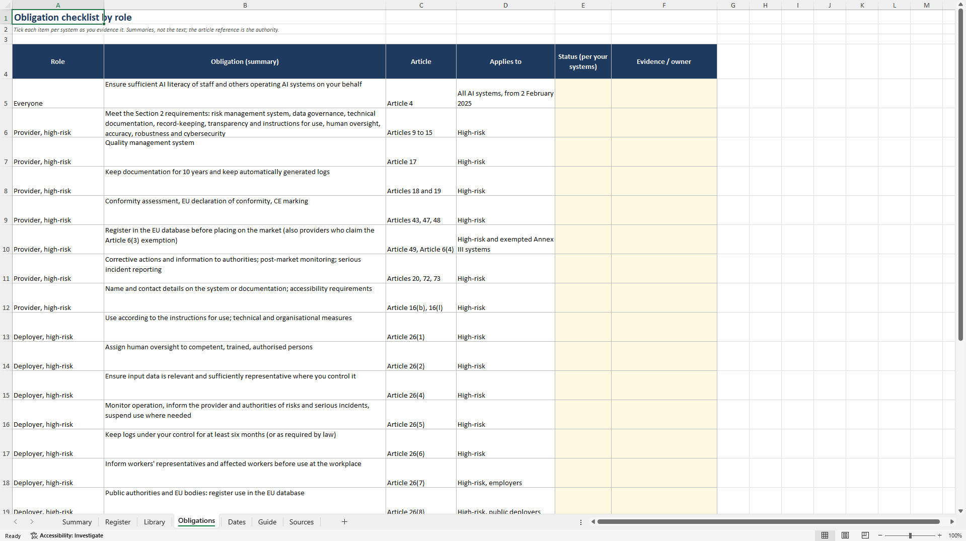 EU AI Act Obligations Workbook (Excel template (XLSX)) Preview Image