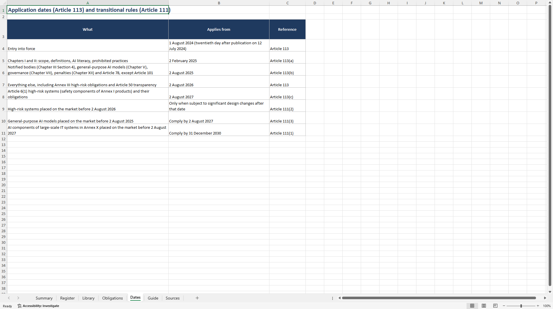 EU AI Act Obligations Workbook (Excel template (XLSX)) Preview Image