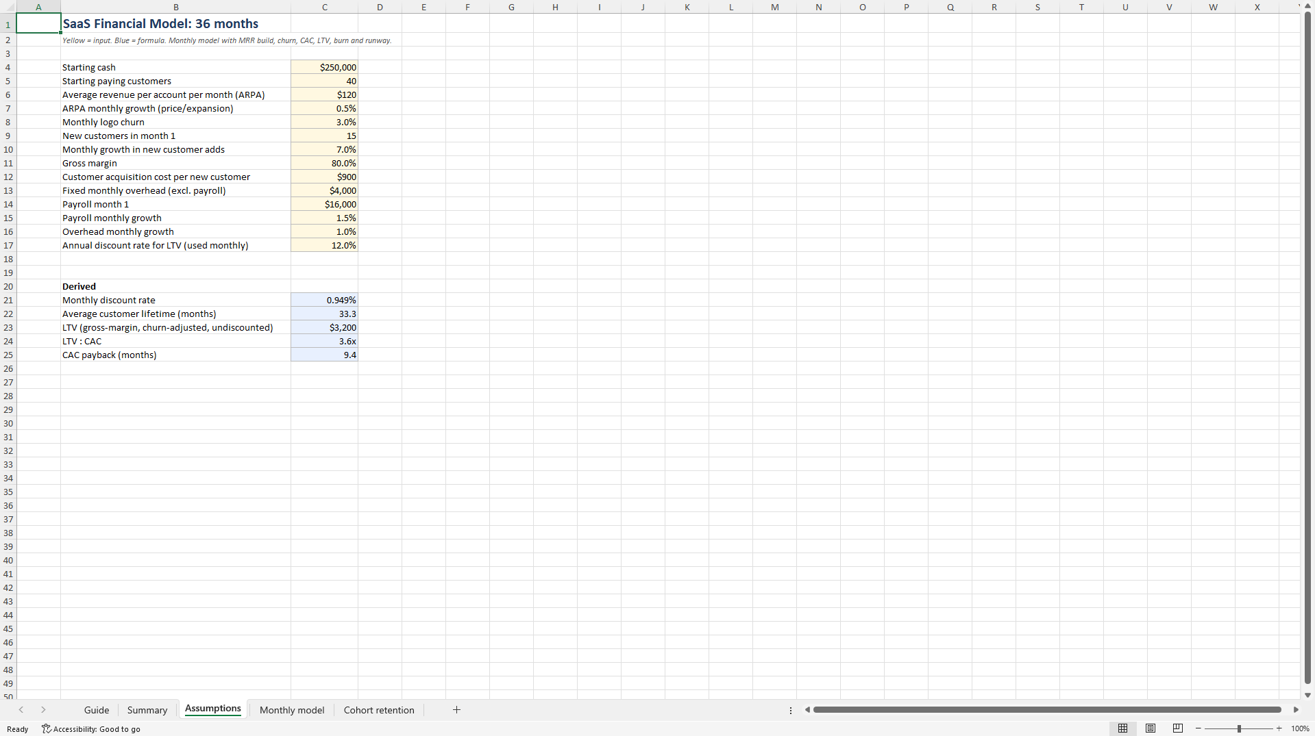 SaaS Financial Model, 36 Months (Excel template (XLSX)) Preview Image