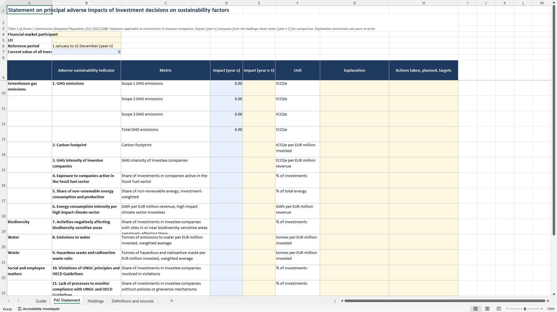 SFDR PAI Statement Workbook: 14 Mandatory Indicators (Excel template (XLSX)) Preview Image