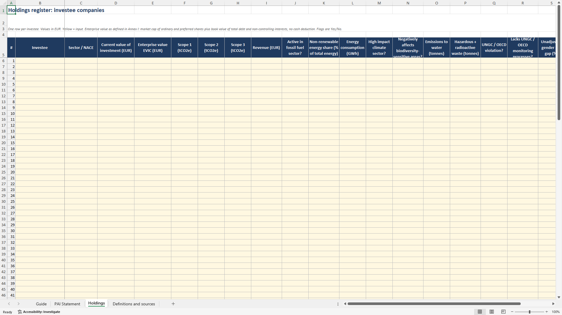 SFDR PAI Statement Workbook: 14 Mandatory Indicators (Excel template (XLSX)) Preview Image
