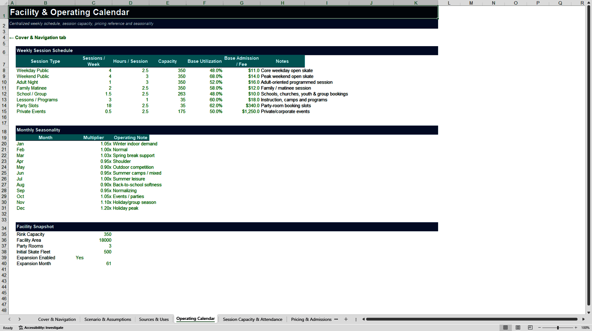 Roller Skate Rink Business Plan Financial Model (Excel template (XLSX)) Preview Image