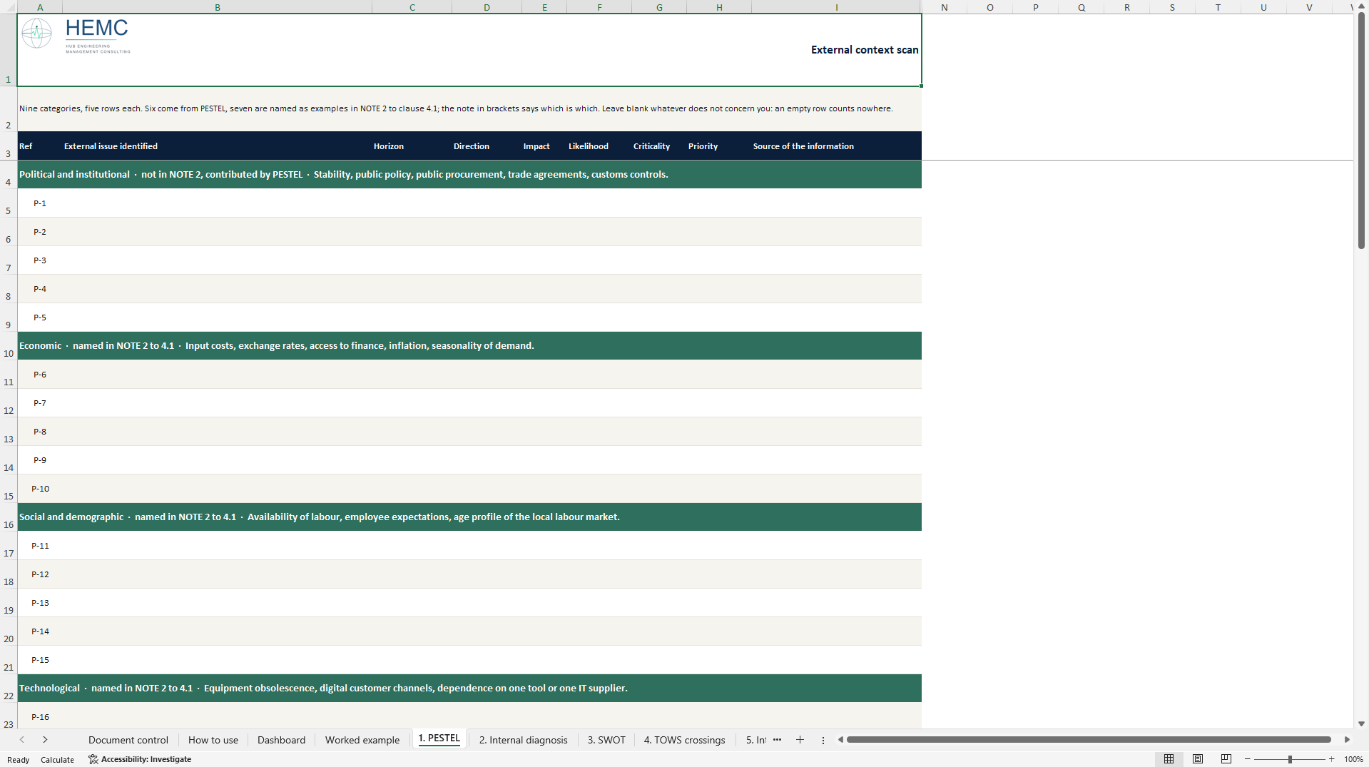 ISO 9001 PESTEL and SWOT Context Analysis Tool (Excel template (XLSX)) Preview Image
