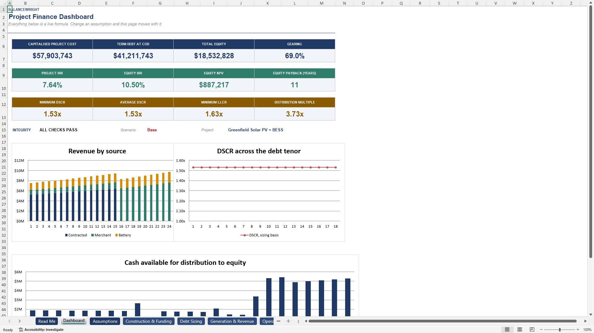 Solar PV & Battery (BESS) Project Finance Model with DSCR (Excel template (XLSX)) Preview Image